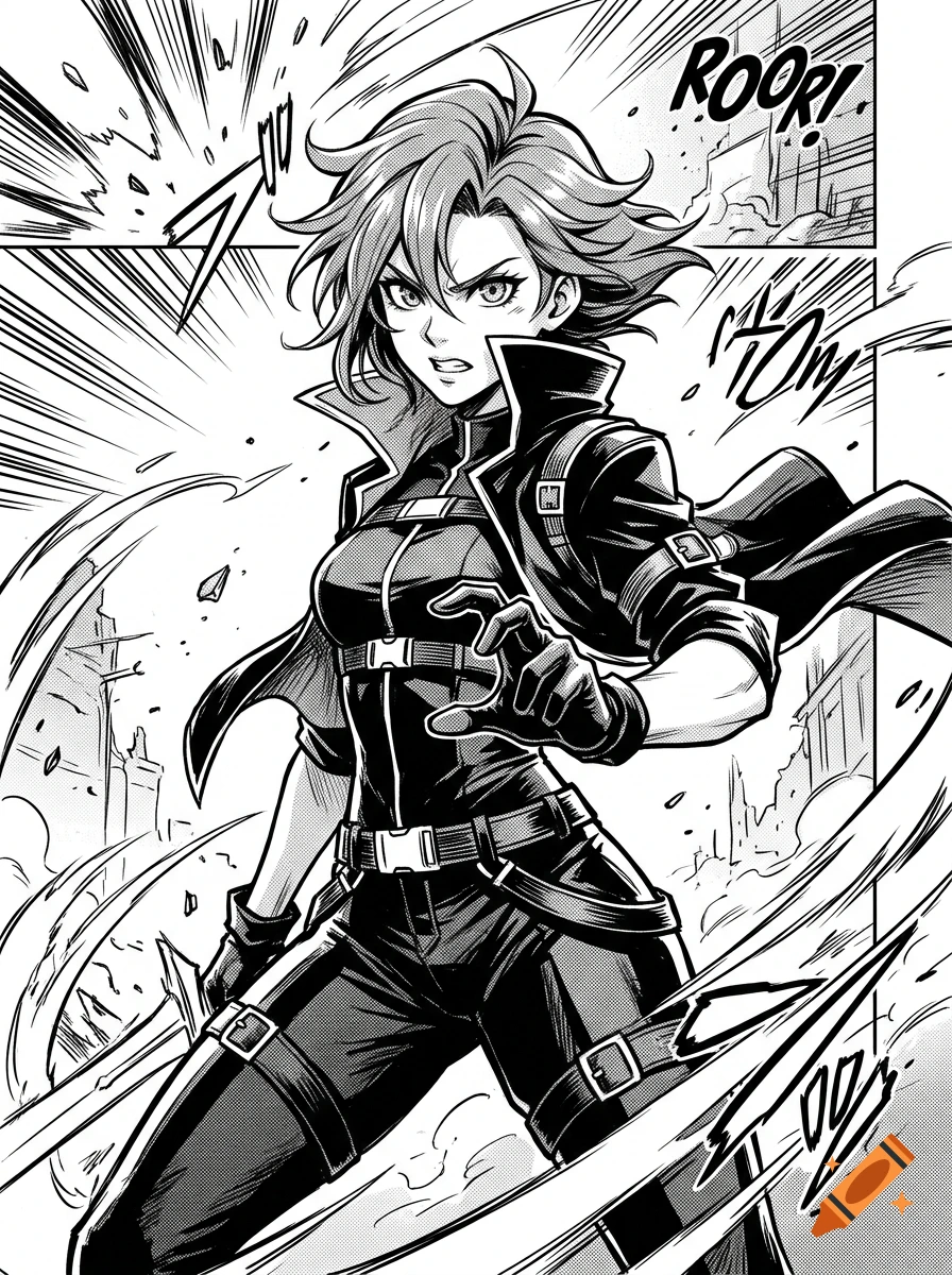 Black and white manga illustration of an angry female warrior in tactical gear with wind swirling around her.