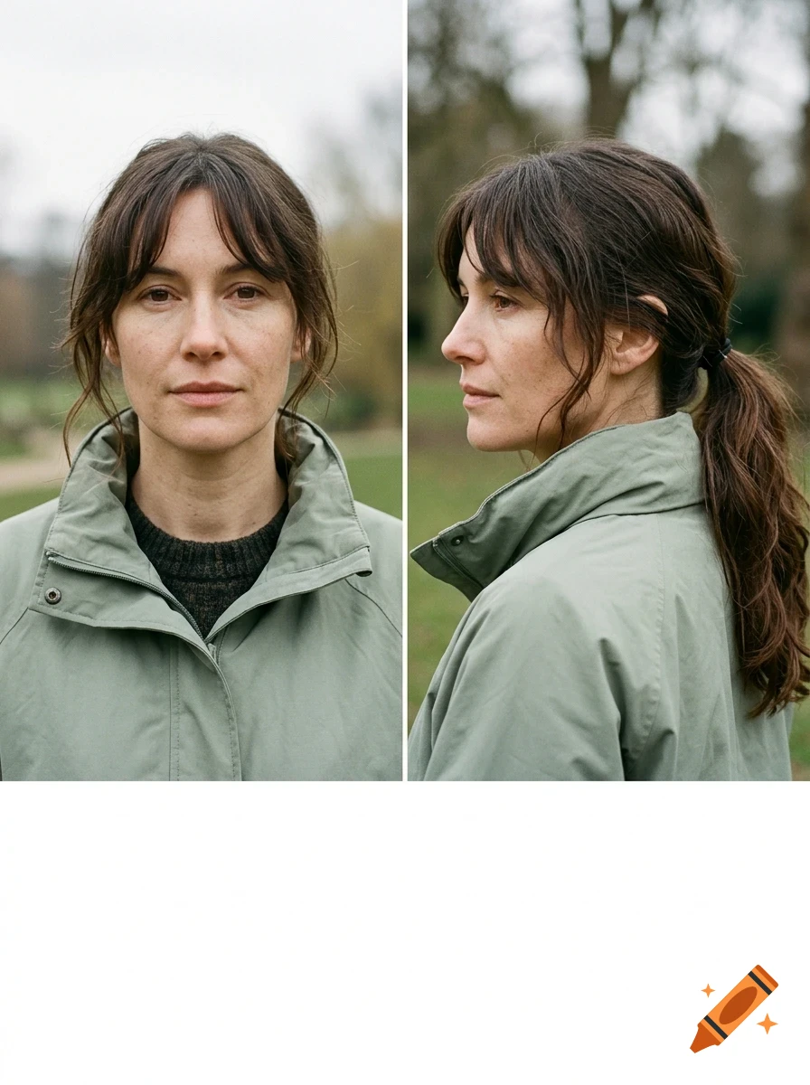 A two-panel photographic portrait of a woman with brown hair in a green jacket, showing front and profile views.