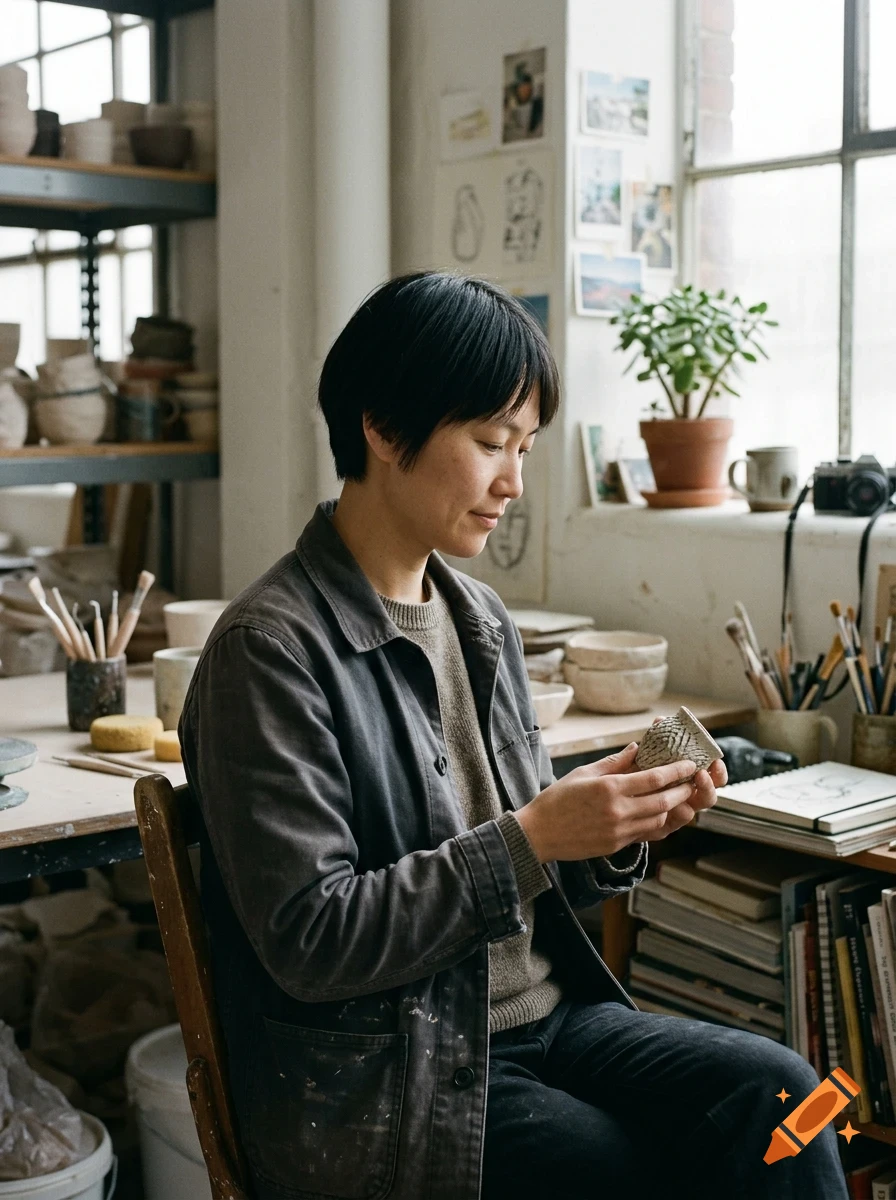 A person with short dark hair sitting in a studio holding a small ceramic piece.
