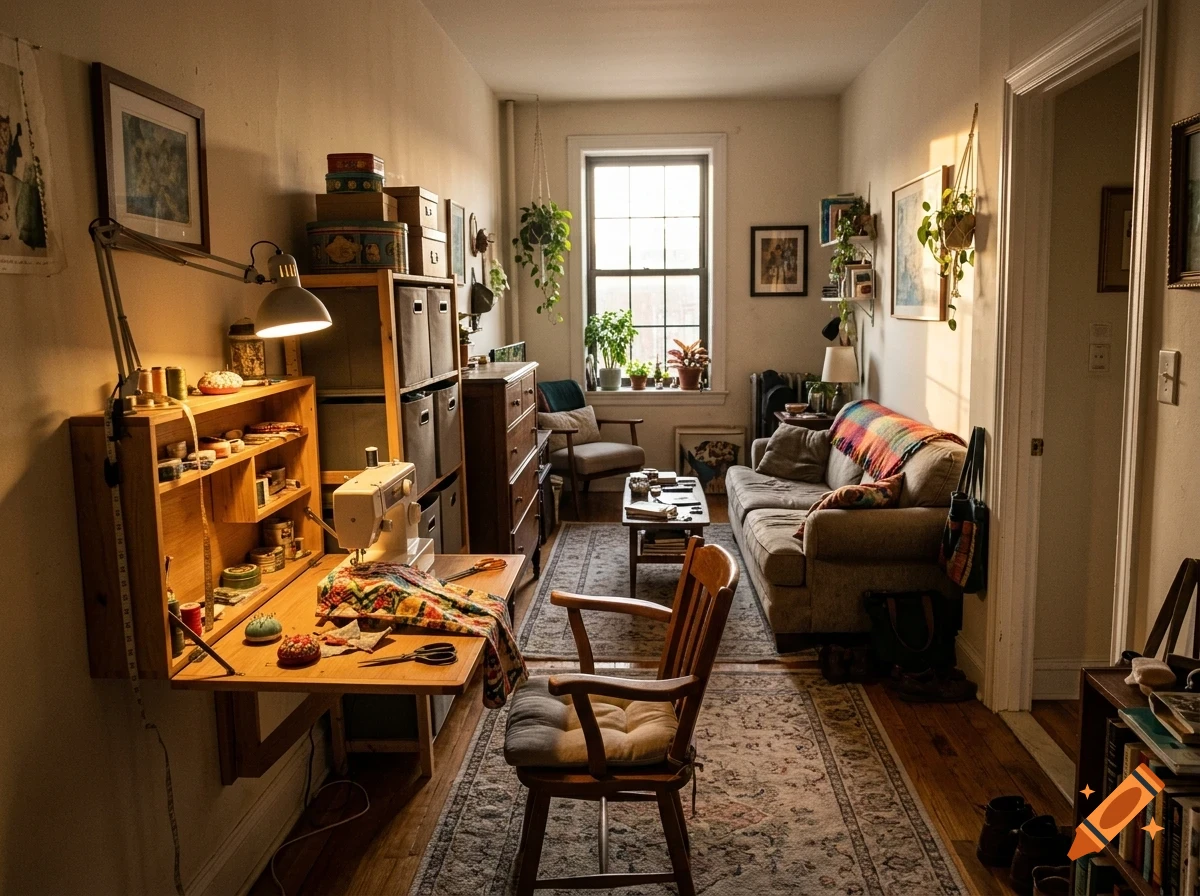 A narrow, cozy living room interior featuring a sewing desk with a sewing machine in the foreground, a sofa against the right wall, and a window at the end of the room.