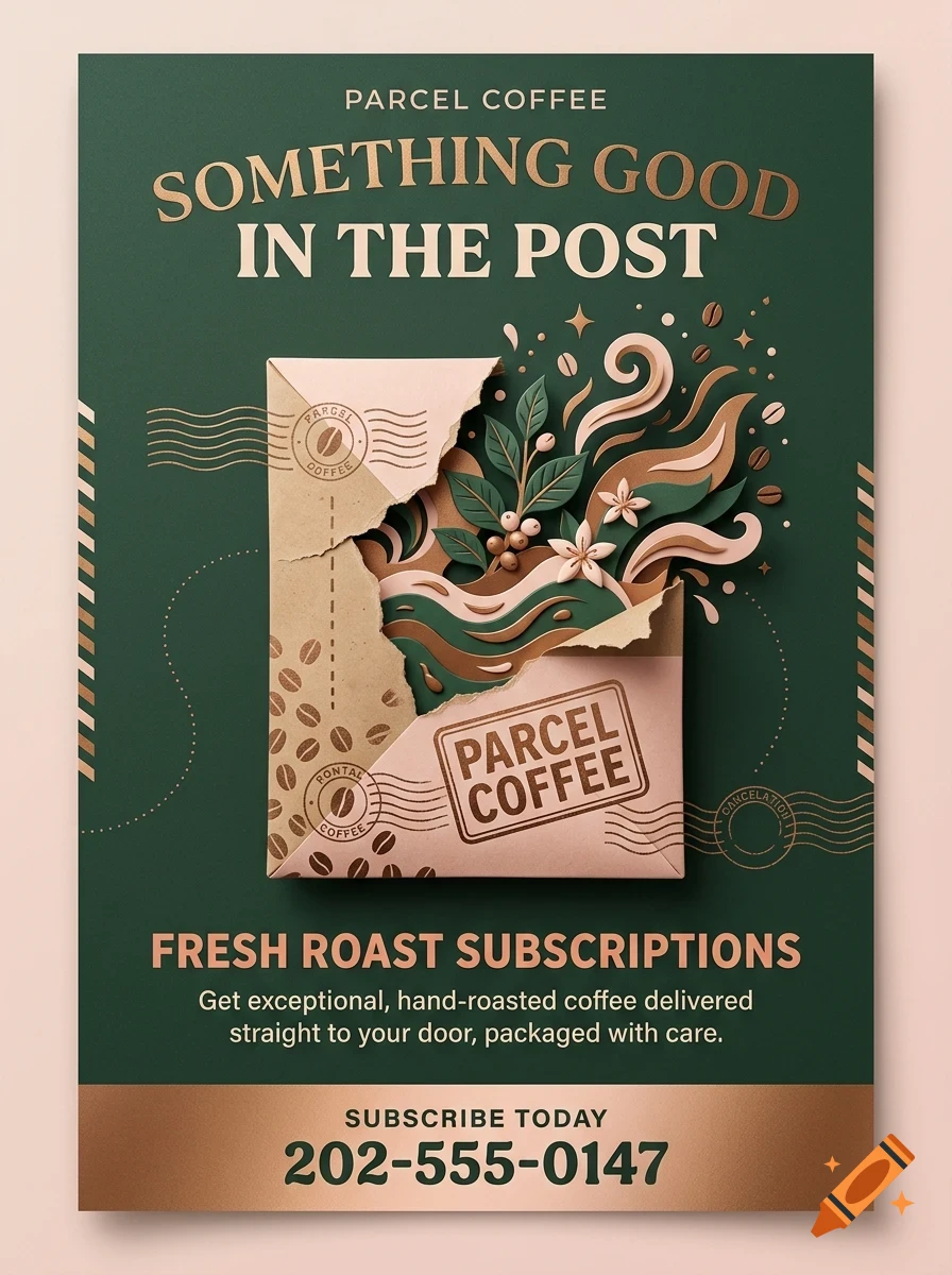 An advertisement for Parcel Coffee showing a torn envelope with coffee beans, leaves, and abstract swirls emerging from it, against a dark green background with gold text.