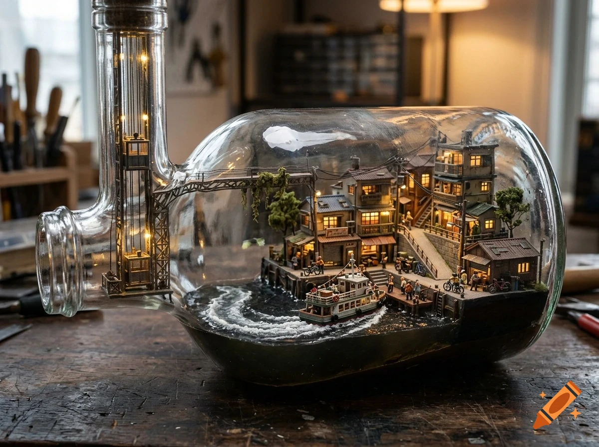A detailed miniature coastal village and boat inside a glass bottle on a wooden workbench.