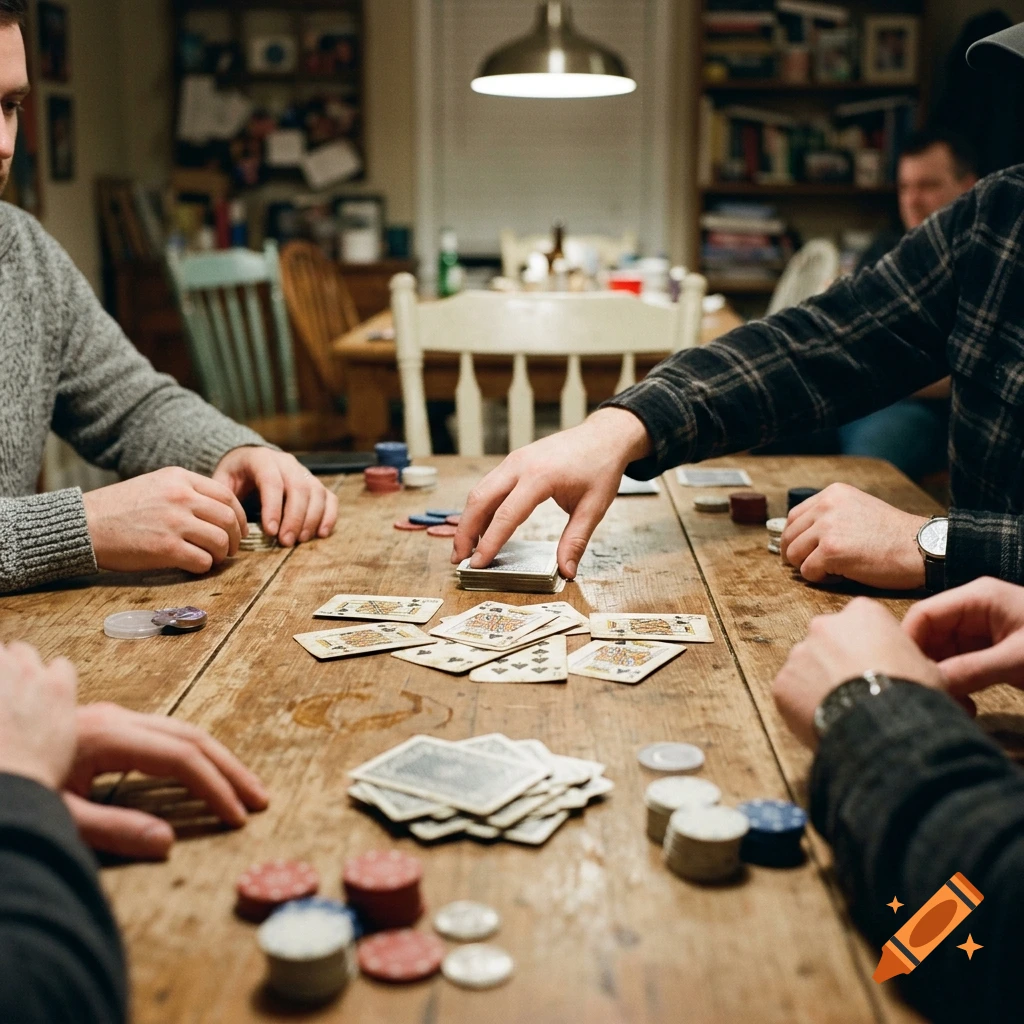 Photorealistic image of four people playing cards around a wooden table in a warmly lit room.