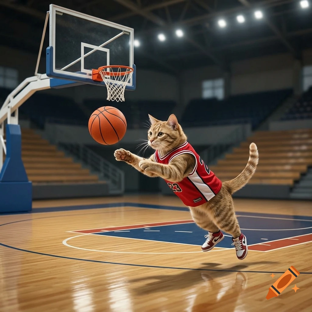 Photorealistic image of an orange tabby cat wearing a basketball jersey and sneakers, leaping to shoot a basketball in an indoor arena.