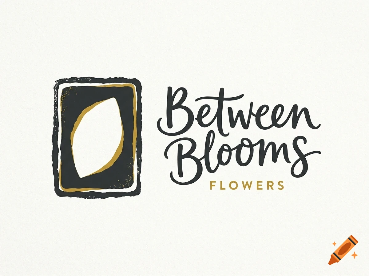 Logo design featuring a leaf inside a dark textured frame next to the text Between Blooms FLOWERS.