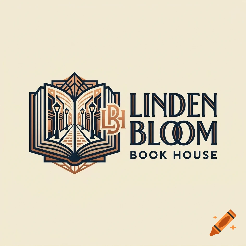 A stylized logo featuring an open book containing a street scene with streetlamps, next to the text Linden Bloom Book House.