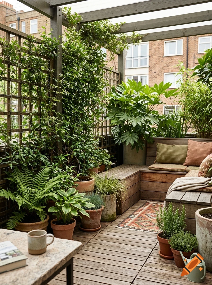 A lush, wooden rooftop terrace with seating, potted plants, climbing vines, and a small rug on the floor.