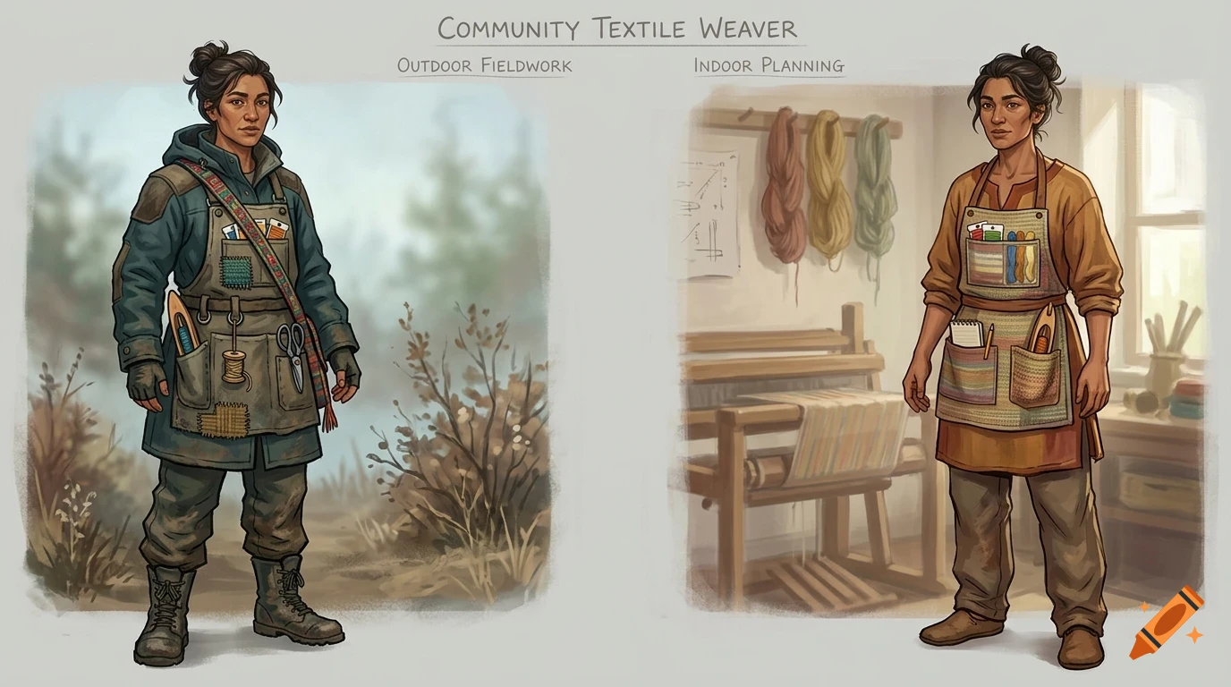 Character design concept showing a female weaver in two settings: outdoor fieldwork and indoor planning with a loom.