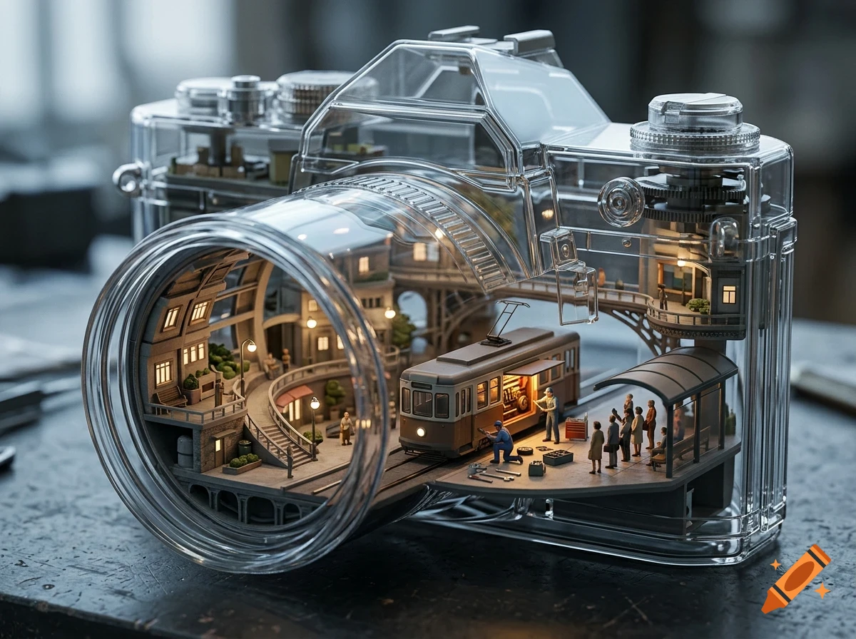 A transparent camera model housing a miniature city scene inside with a streetcar and tiny people.