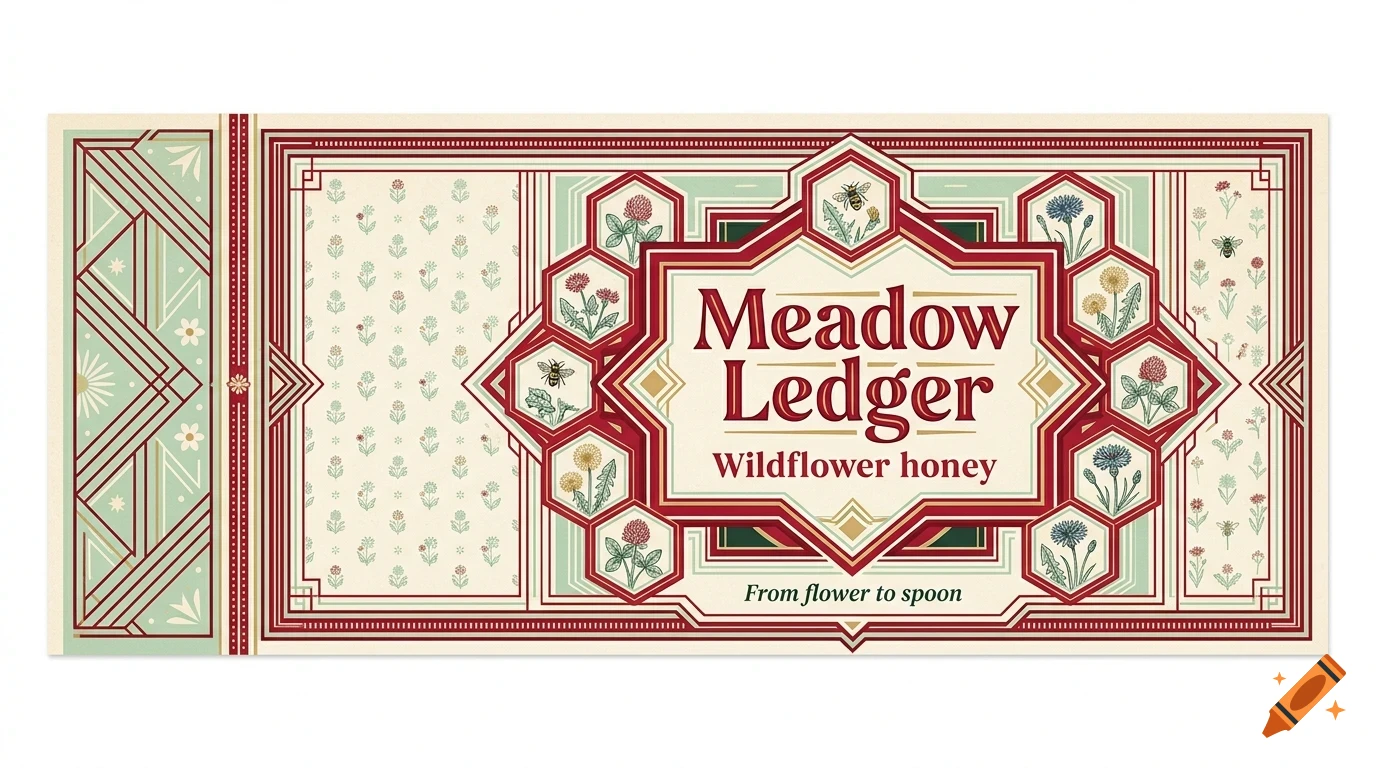 An ornate product label with the text Meadow Ledger Wildflower honey featuring geometric patterns, flowers, and bees in red, green, and cream colors.