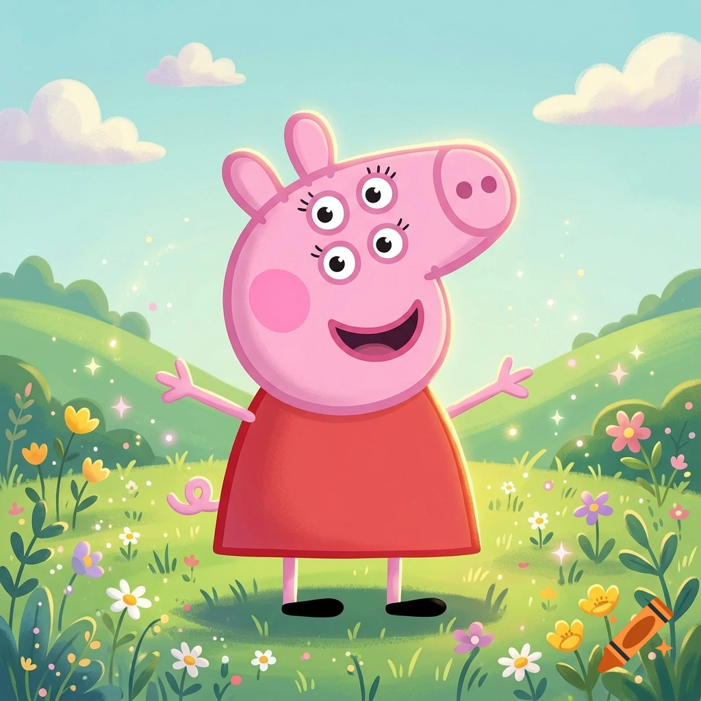 Digital illustration of a pink cartoon pig with four eyes standing in a sunny grassy field with flowers and clouds.