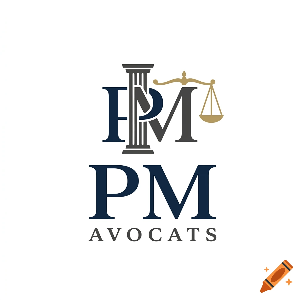 Professional law firm logo for PM Avocats featuring monogram letters P and M integrated with a pillar and scales of justice.