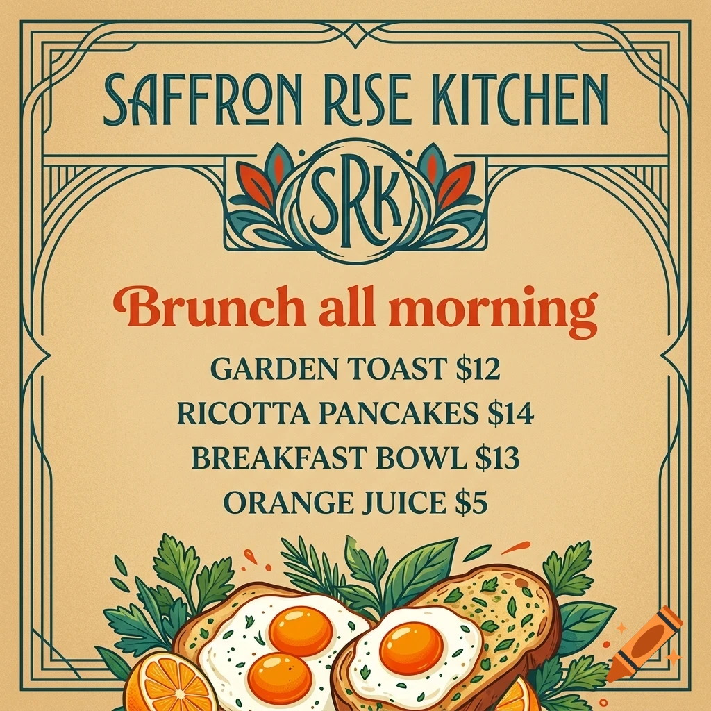 An illustrated brunch menu for Saffron Rise Kitchen featuring toast, eggs, and prices.