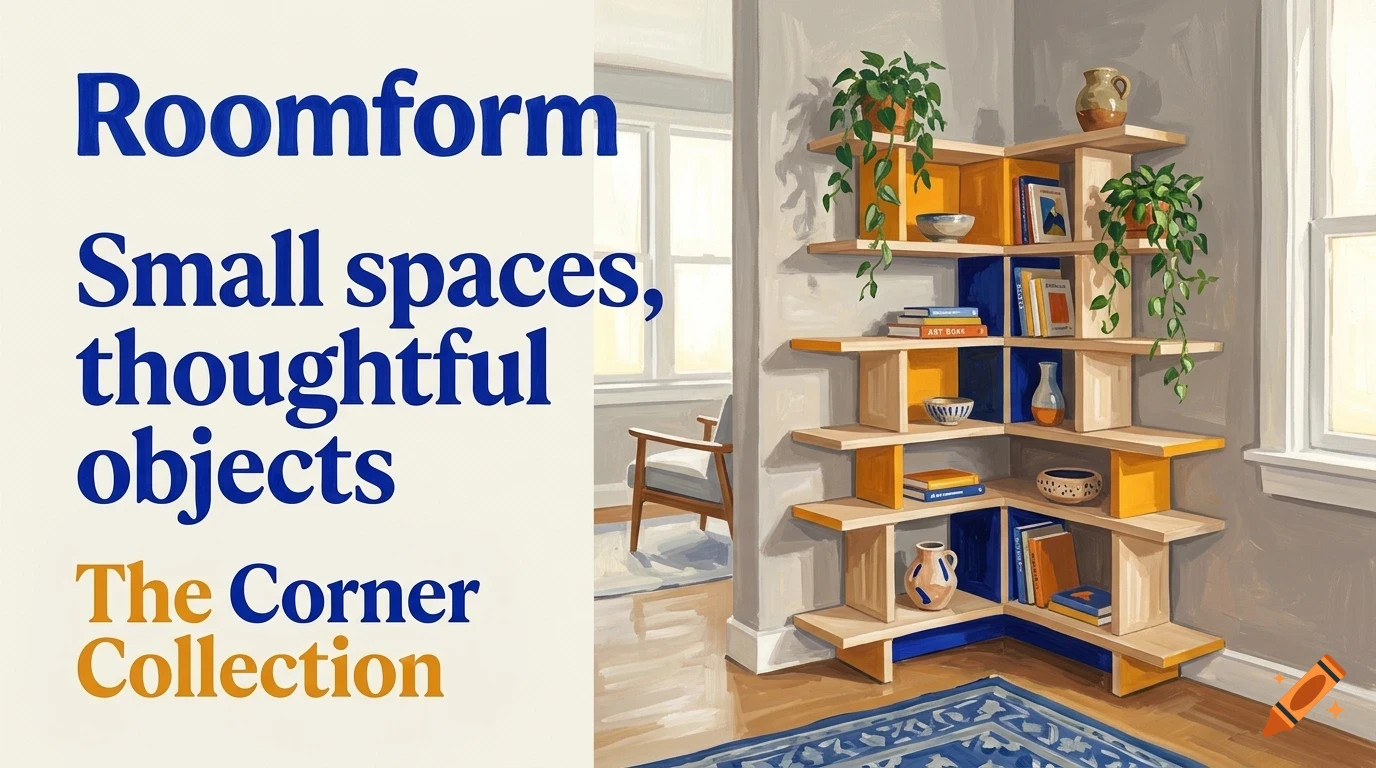 An illustrated advertisement featuring a corner wooden shelving unit with plants and books, next to text reading Roomform Small spaces thoughtful objects.