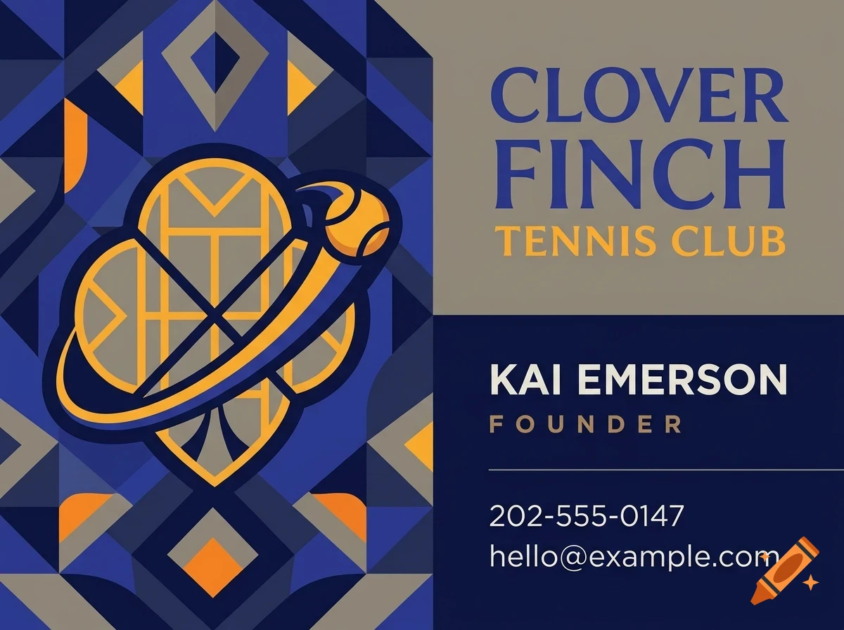 A business card design for Clover Finch Tennis Club featuring a geometric blue and yellow logo on the left and text on the right.