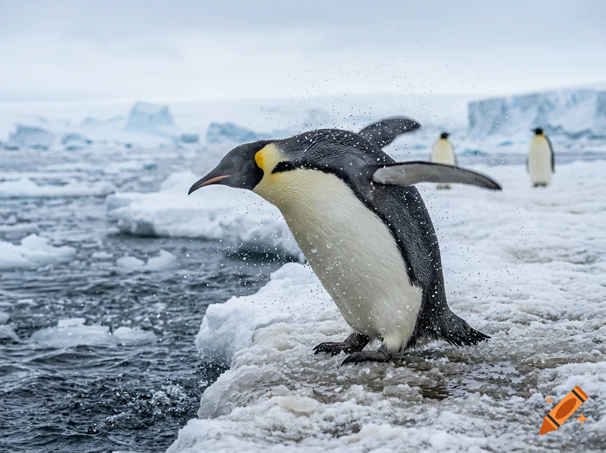 An emperor penguin shakes off water while standing on an icy shore, with other penguins and icebergs in the background.