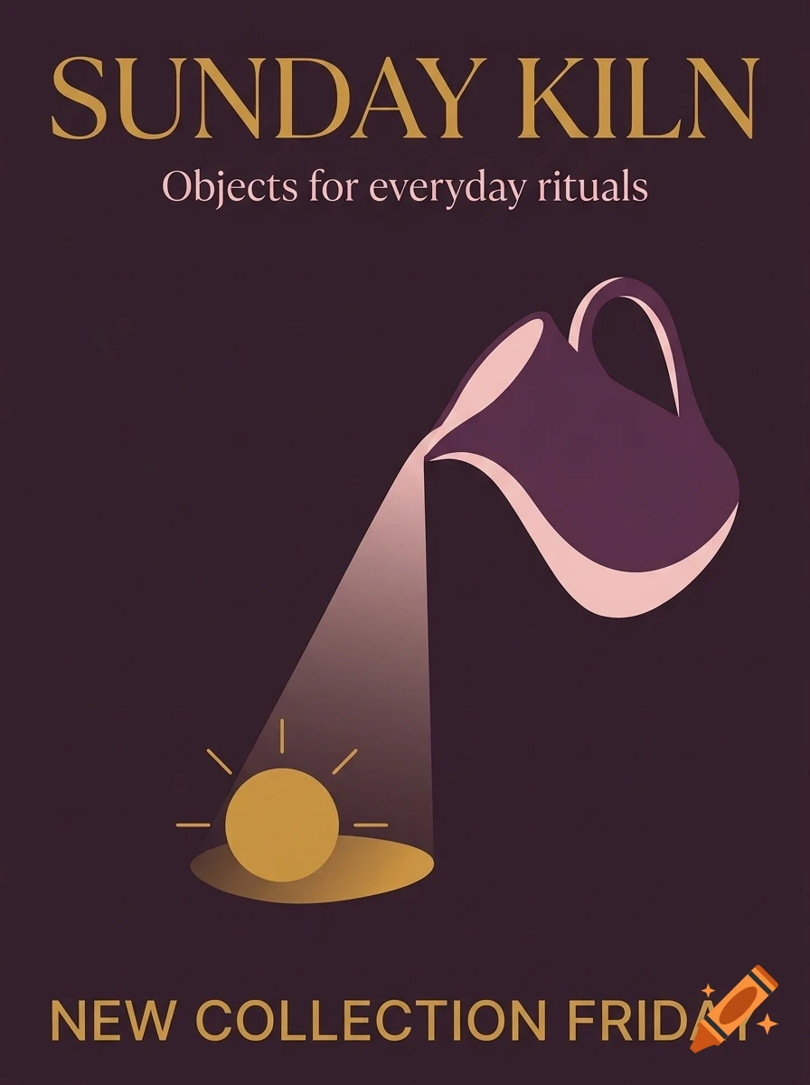A poster with the text SUNDAY KILN and Objects for everyday rituals, showing a purple pitcher pouring a beam of light onto a glowing yellow circle, with NEW COLLECTION FRIDAY at the bottom.