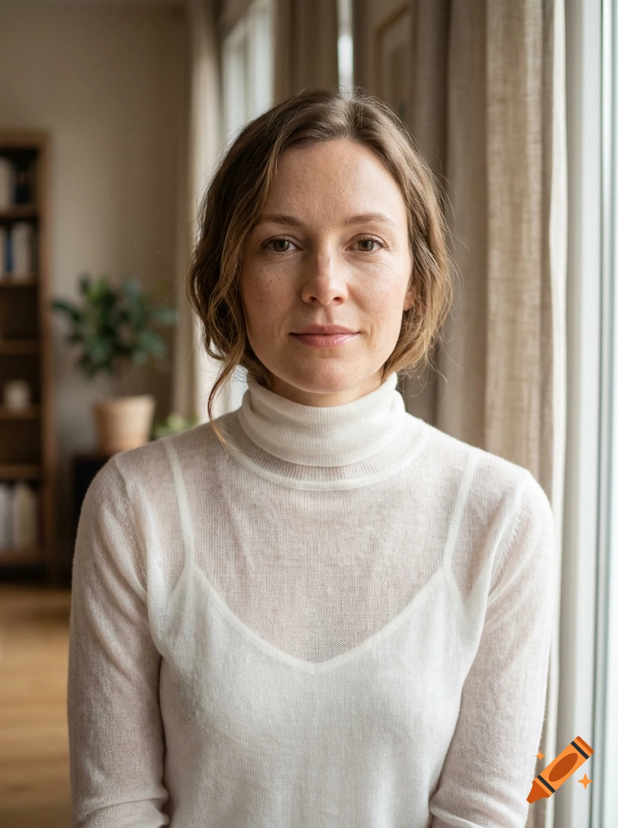 Photorealistic portrait of a woman with brown hair wearing a sheer white turtleneck sweater, standing indoors near a window.