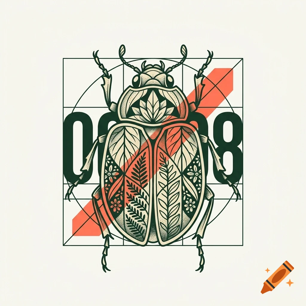 An illustration of an ornate beetle featuring floral and leaf patterns on its shell, overlaid with geometric lines and numbers.