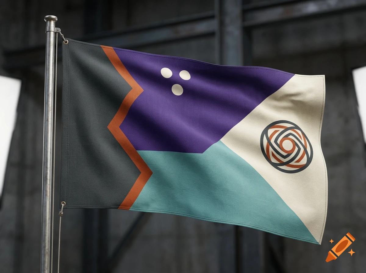 A stylized flag with geometric patterns in black, orange, purple, teal, and beige on a flagpole in front of a concrete building.