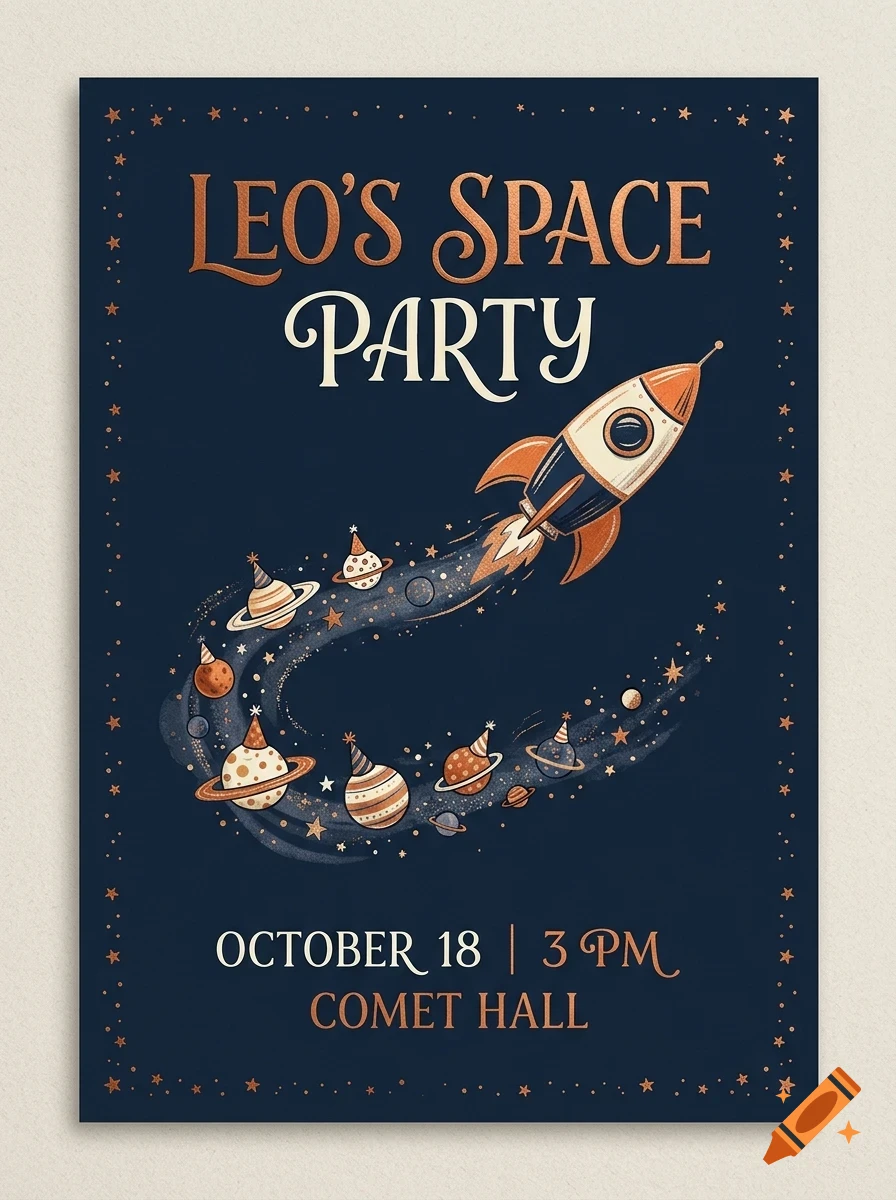 An invitation design with a navy blue background, a rocket ship and planets with party hats, and copper-colored text that reads Leo's Space Party.