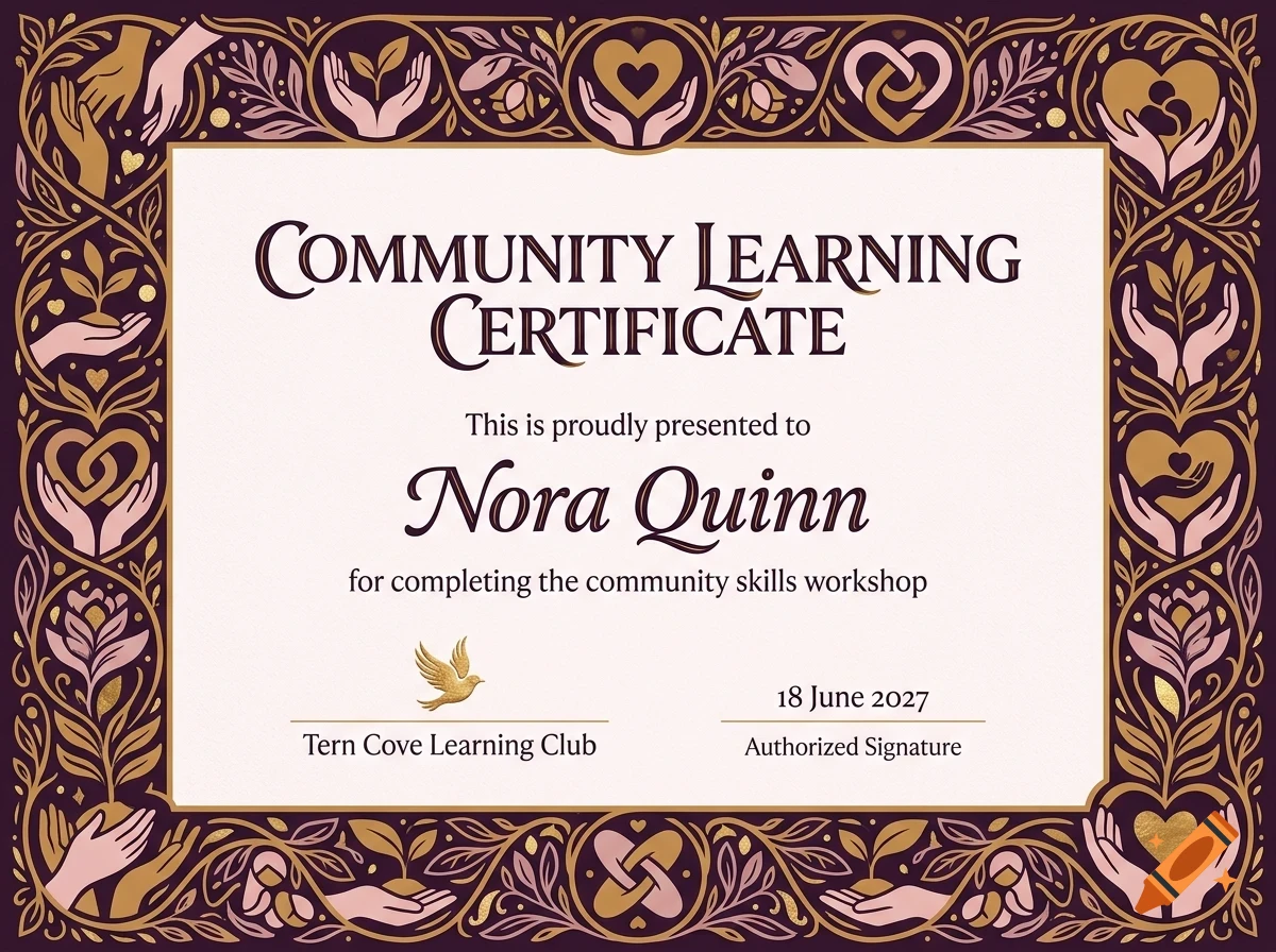 A decorative certificate with ornate floral and hand-drawn borders, titled Community Learning Certificate presented to Nora Quinn.