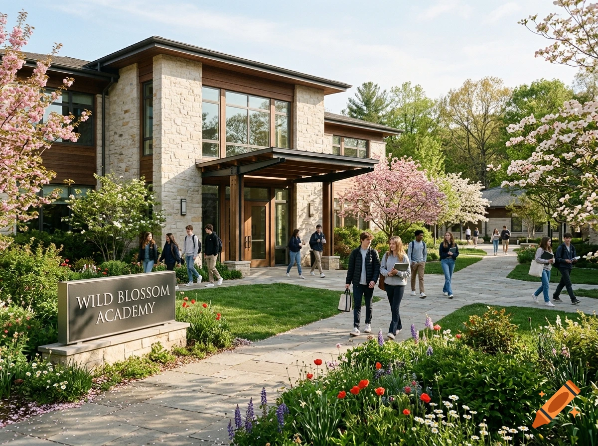 Students walking on a stone pathway outside the modern Wild Blossom Academy building surrounded by blooming trees in spring, photorealistic.