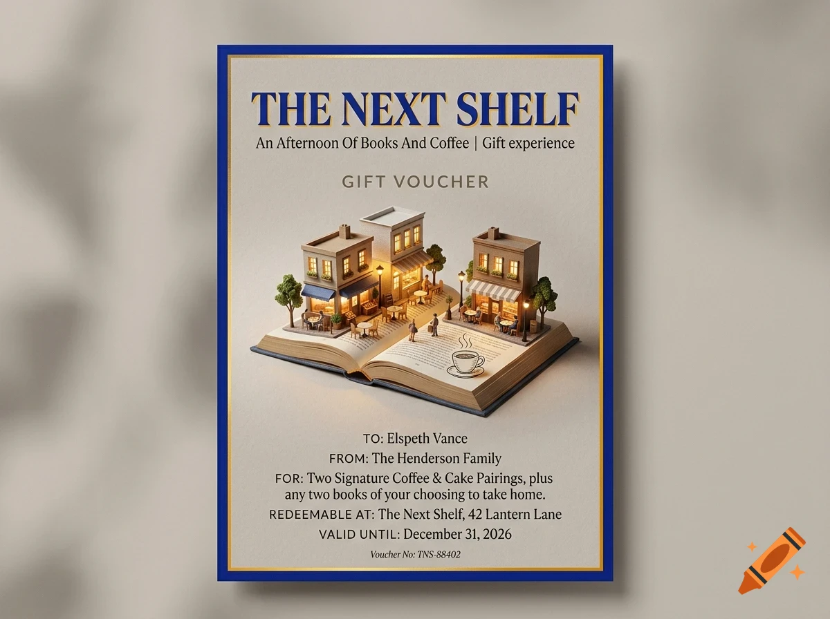 A gift voucher titled 'The Next Shelf' featuring an open book with miniature buildings and a coffee cup on its pages.