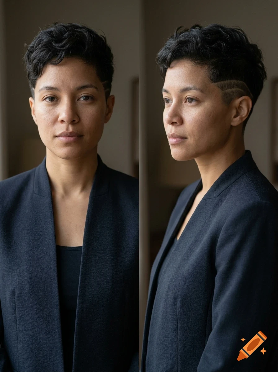 Portrait of a person with short dark hair and an undercut, wearing a dark blazer.