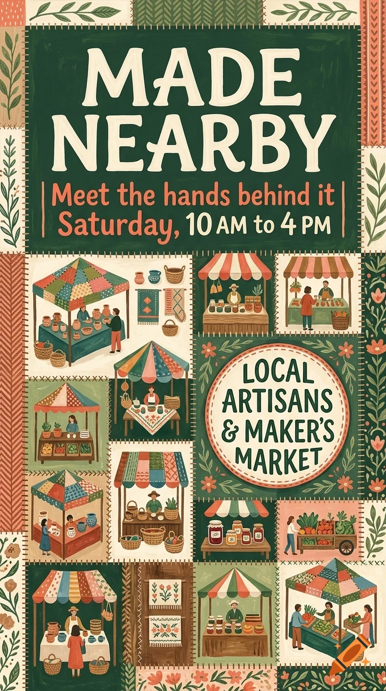 An illustrated poster for a local artisans and maker's market, featuring patchwork panels of market stalls, vendors, and crafts.