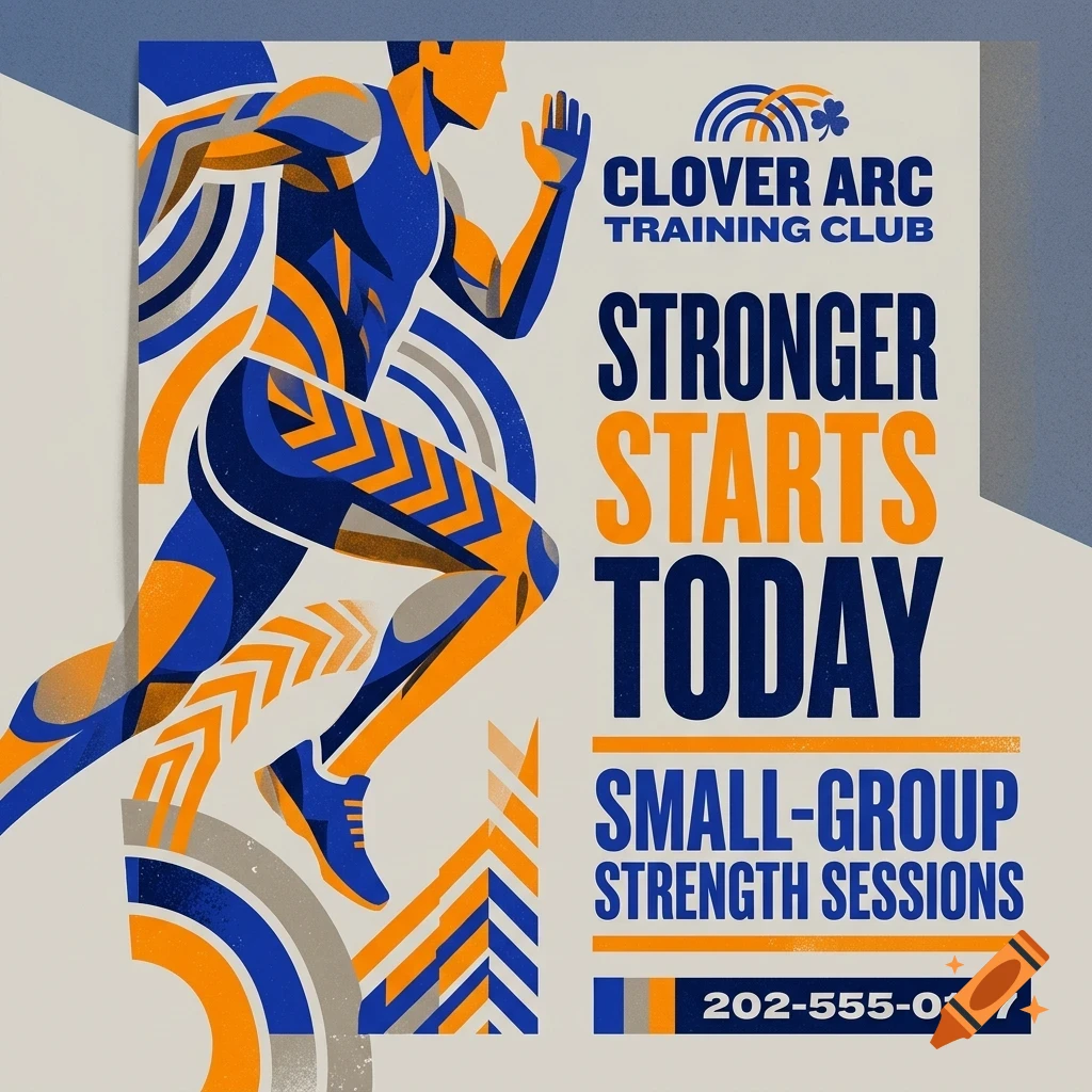A stylized poster for Clover Arc Training Club featuring a running athlete illustration and bold typography.