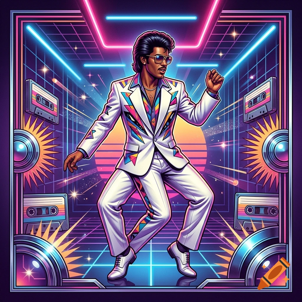 Retro 80s style funk album cover featuring a dancing man in a white suit with colorful geometric patterns, surrounded by cassette tapes and speakers.