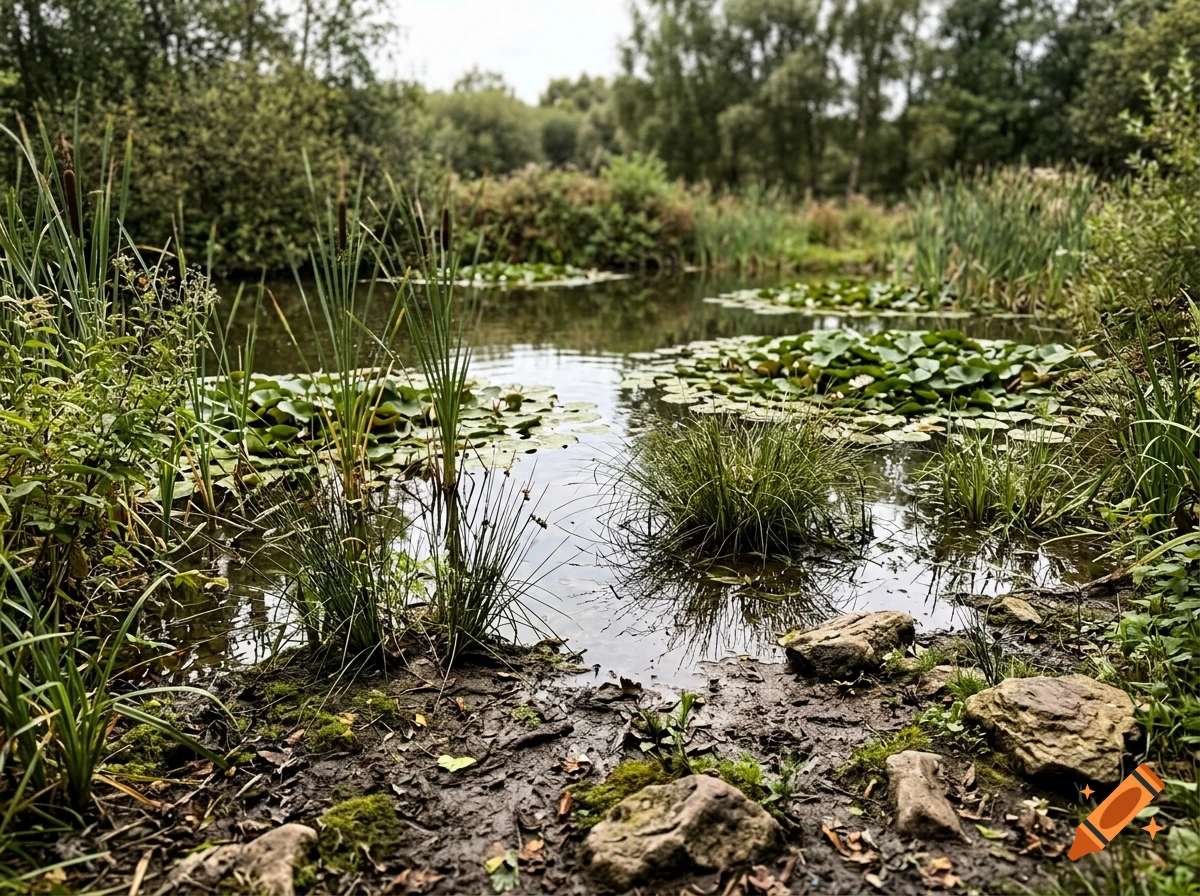 Photorealistic image of a calm pond surrounded by lush green reeds, water lilies, and trees under an overcast sky.