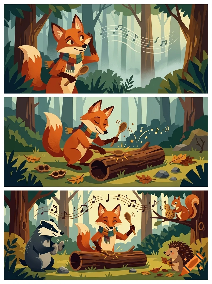 A three-panel illustration showing a cartoon fox in a forest making music with wooden spoons on a log, joined by a badger, hedgehog, and squirrel.