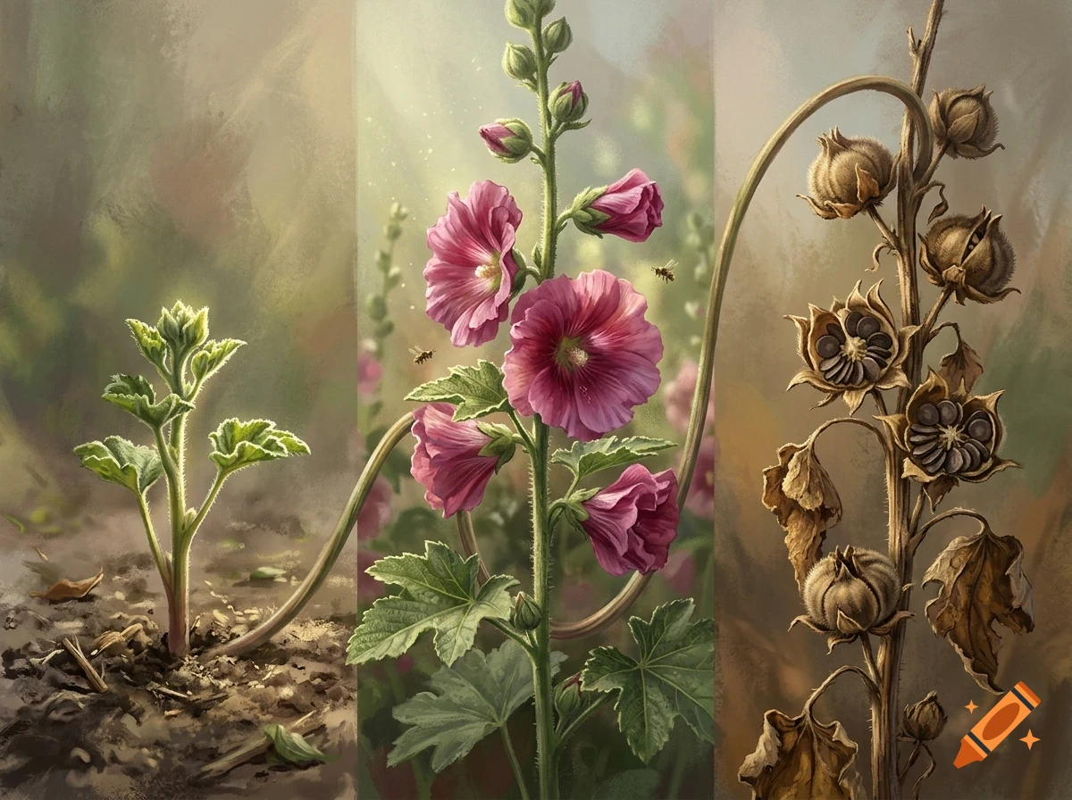 A digital painting showing the life cycle of a pink hollyhock plant, from a young seedling to blooming flowers and finally dry seed pods.
