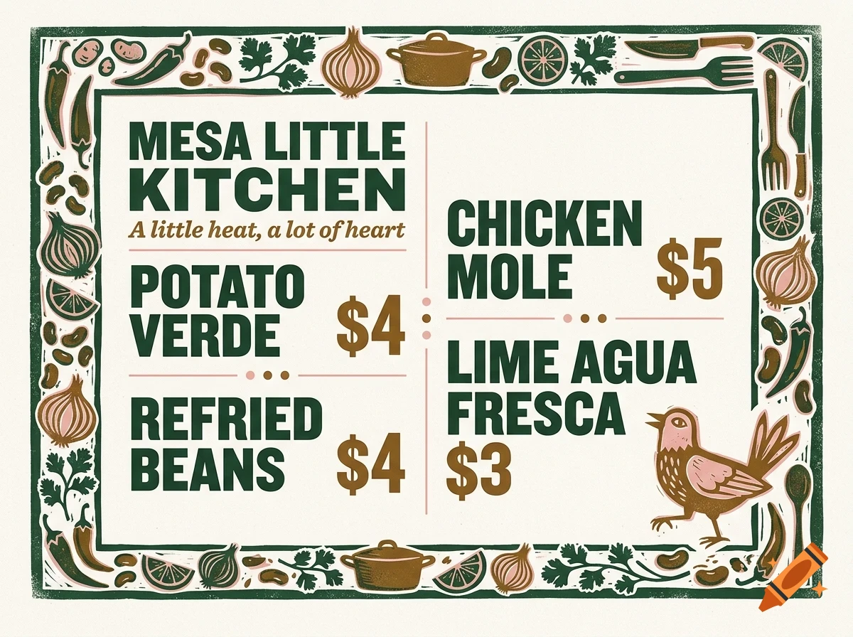 A menu for Mesa Little Kitchen featuring dishes like potato verde and chicken mole, decorated with a border of food illustrations and a small bird.