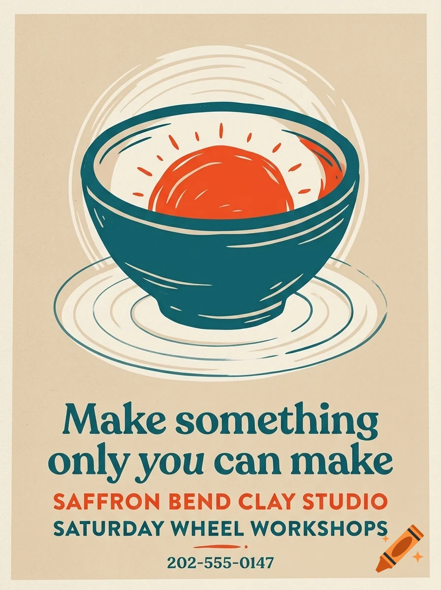 A poster with a stylized blue bowl holding an orange sun-like shape on a saucer, accompanied by text advertising clay studio workshops.