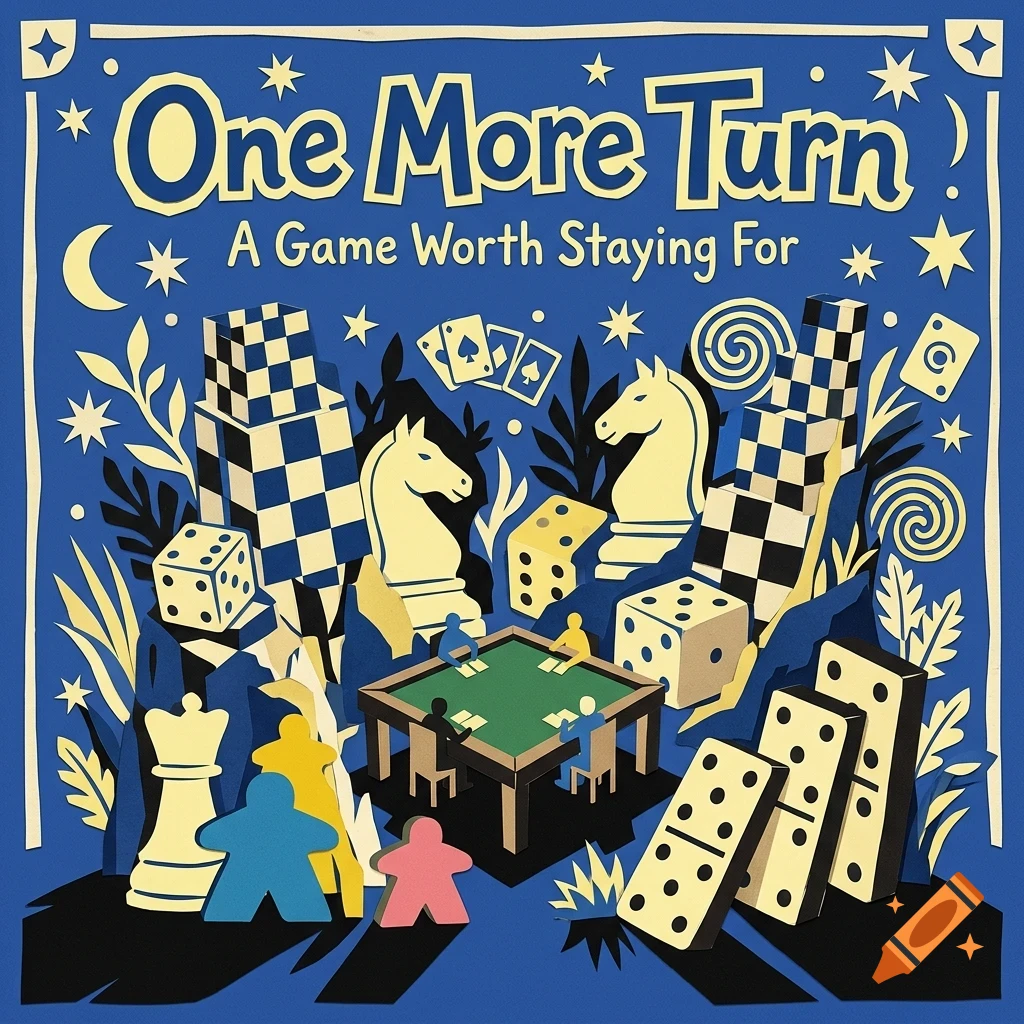 An illustrated board game box cover titled One More Turn with chess pieces, dice, dominoes, and card elements on a blue background.