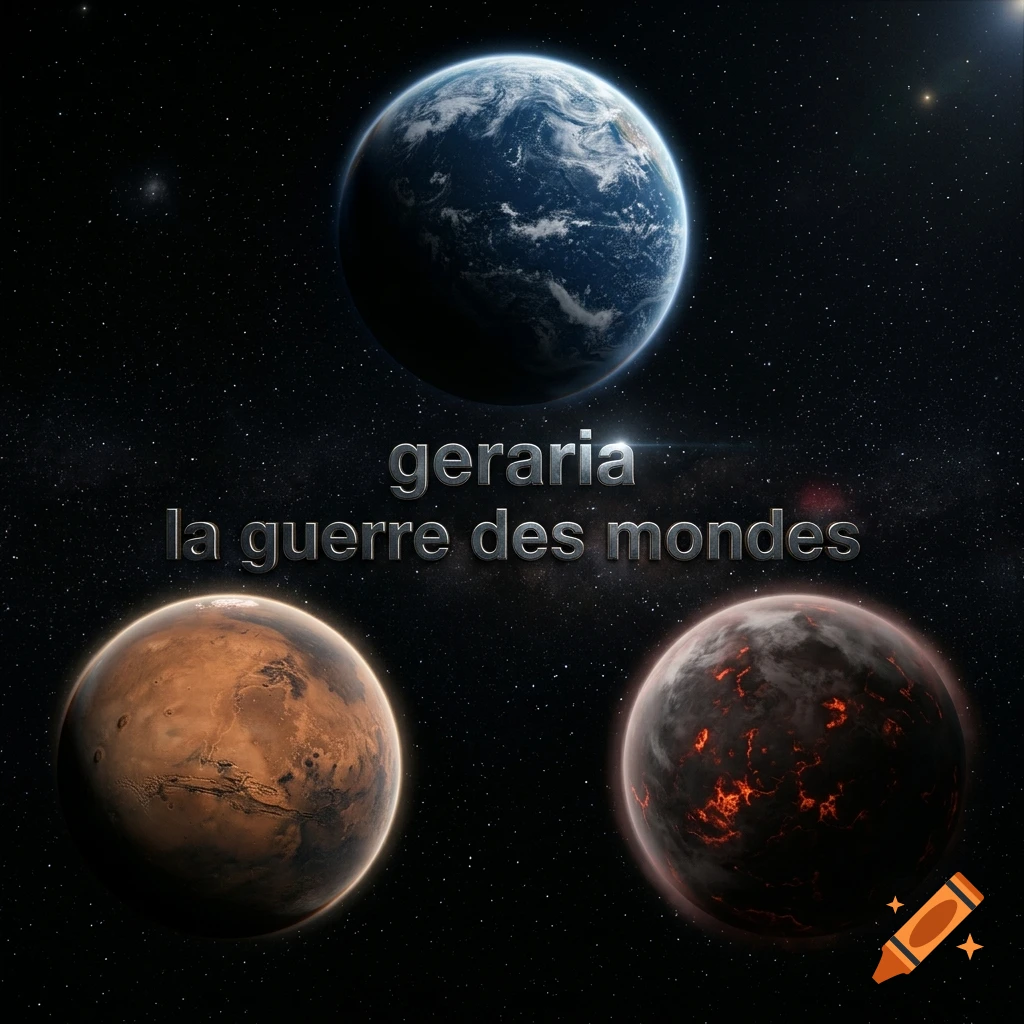 Photorealistic space scene with three planets forming a triangle, with text reading geraria la guerre des mondes.
