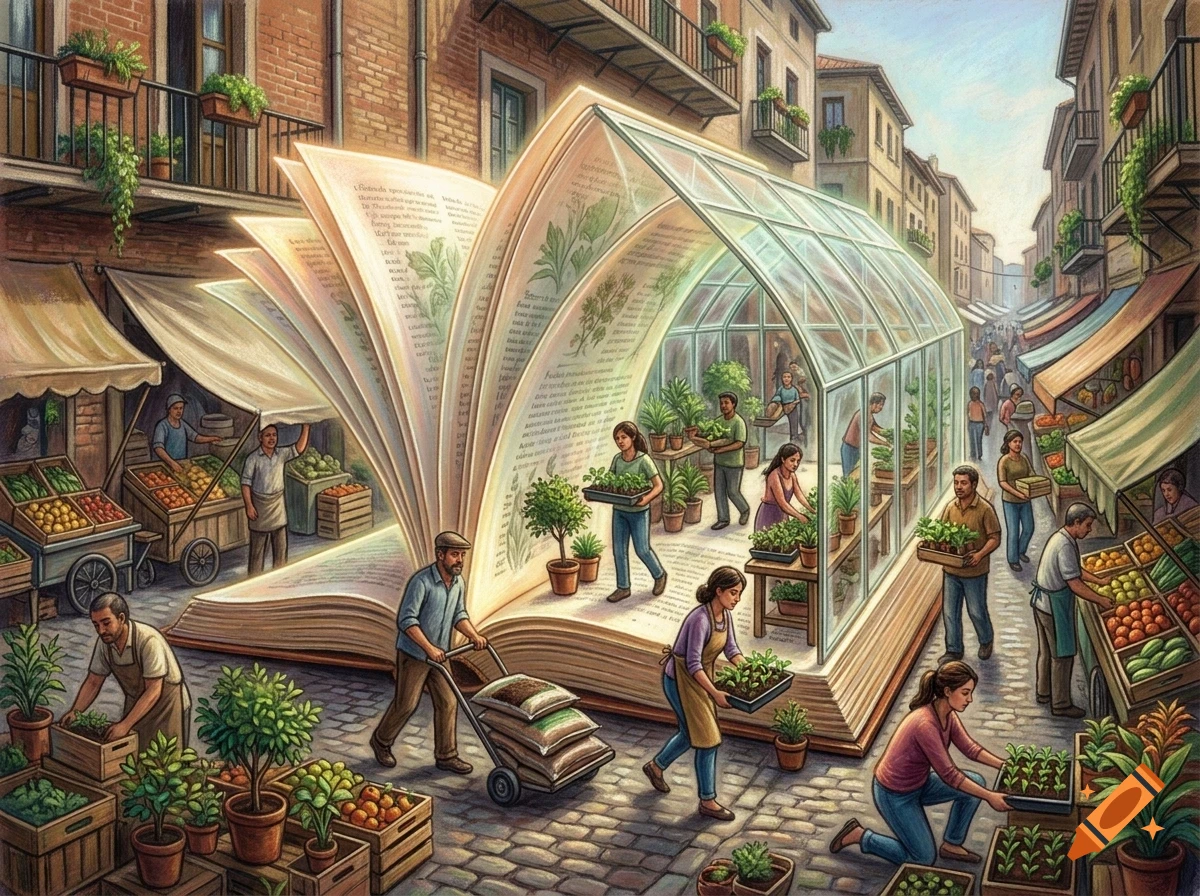 An open book morphs into a greenhouse in a bustling European-style city street market, where people tend to plants and sell produce.