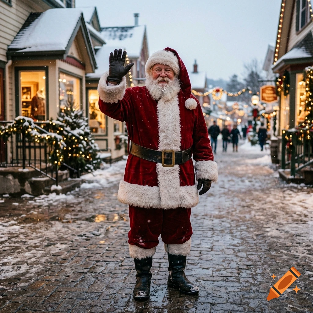 Photorealistic image of Santa Claus in a red suit and hat waving cheerfully in a snowy European village street.