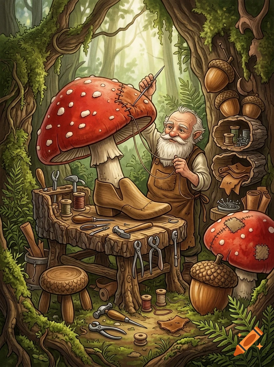 An elderly gnome cobbler in a forest workshop meticulously sewing a shoe made from a large red-and-white mushroom.