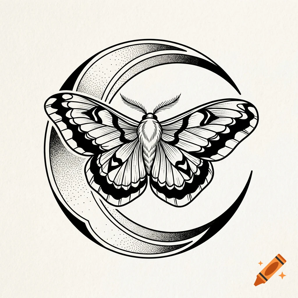 A black and white line drawing of a moth in front of a crescent moon with stippled shading.