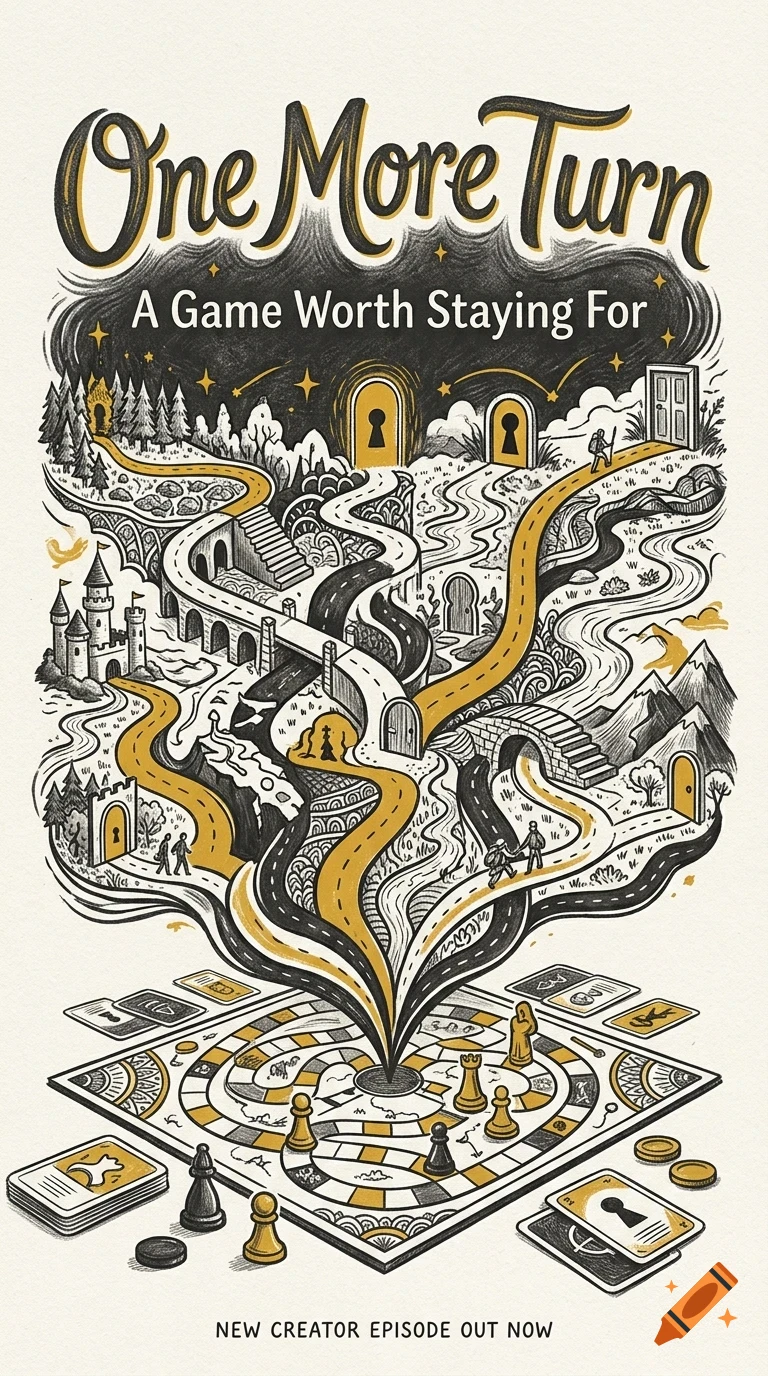 An illustrated poster featuring a board game at the bottom with winding paths and fantasy landscapes extending upwards, titled 'One More Turn'.