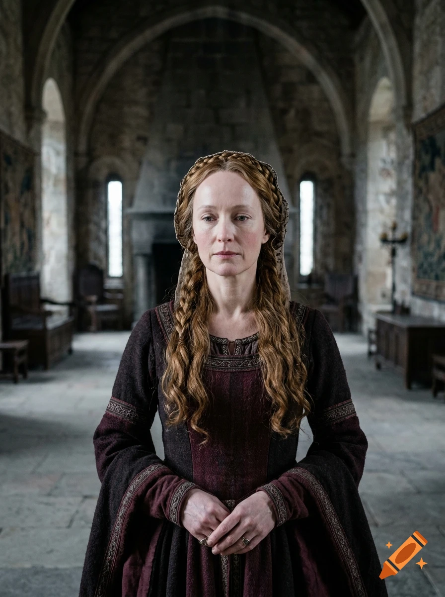 Photorealistic portrait of a middle-aged noblewoman in a medieval stone hall, wearing a dark red dress and a braided headdress.