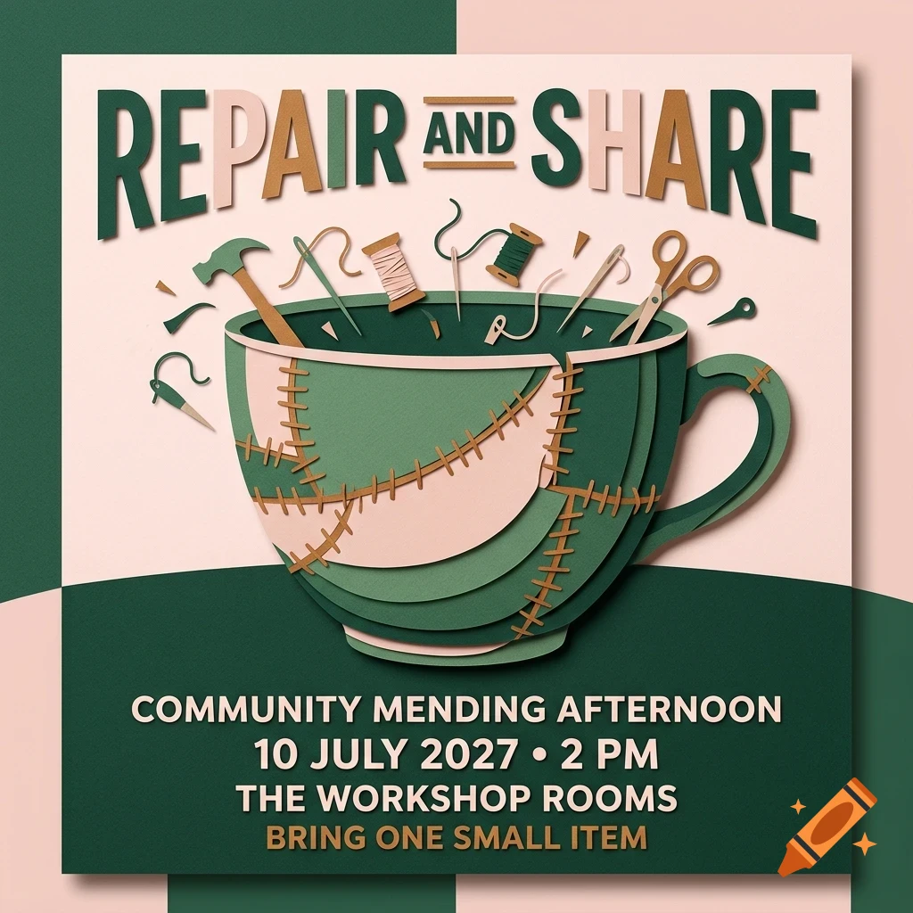 A poster featuring the text 'REPAIR AND SHARE' and 'COMMUNITY MENDING AFTERNOON' with a large green cup containing sewing tools and hammer, illustrated in a papercraft style.