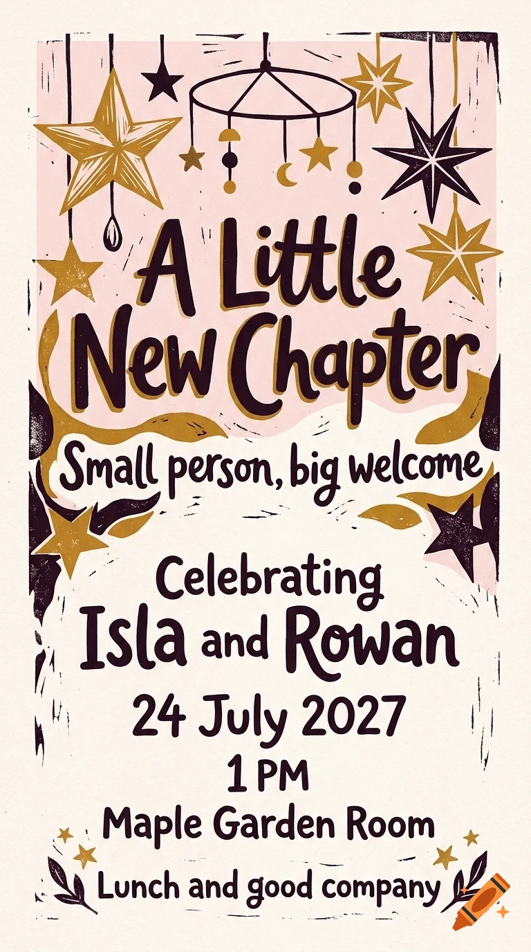 An invitation card with the text A Little New Chapter, featuring hanging stars, a mobile, and decorative lettering.