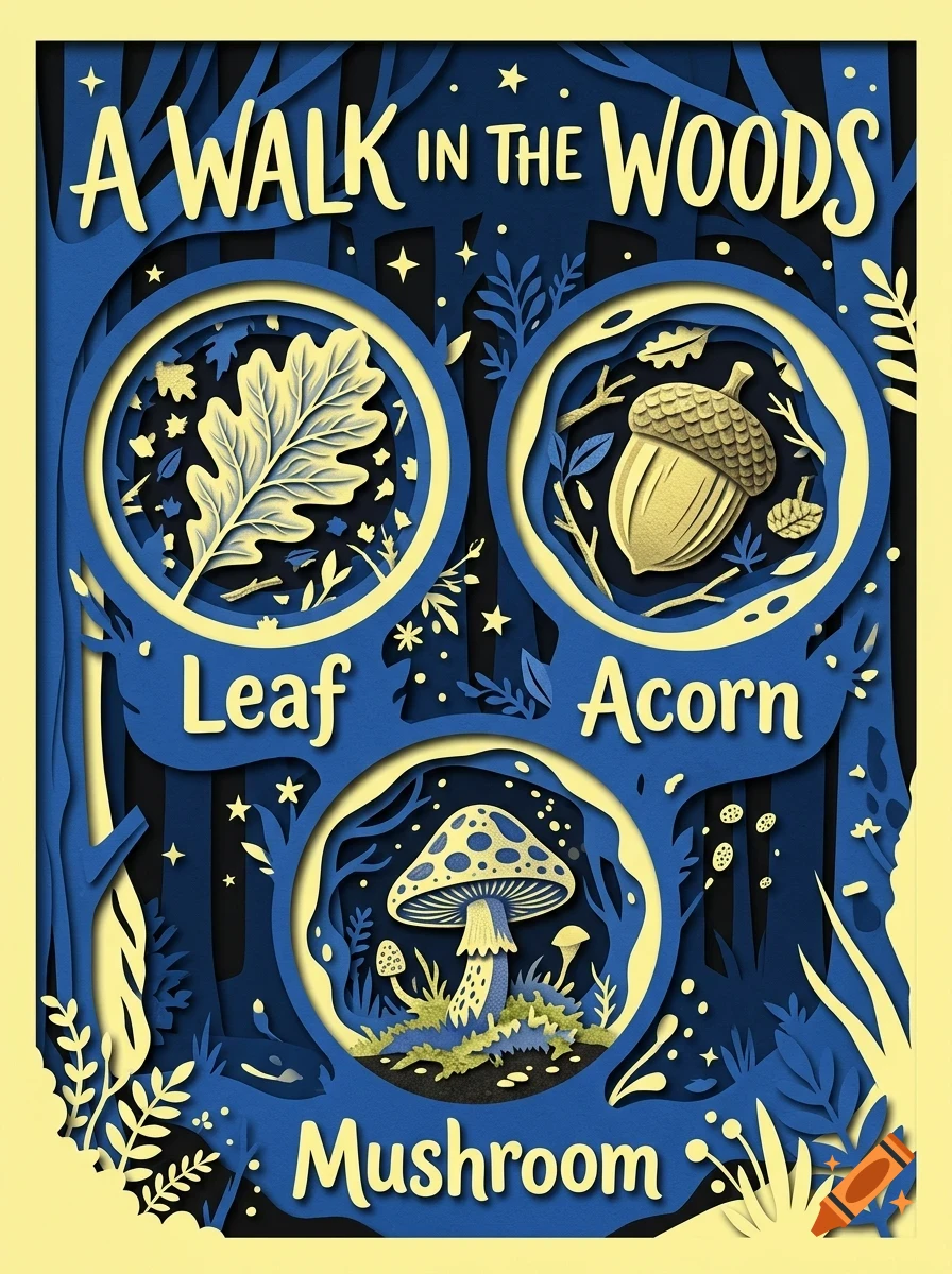 A multi-layered blue and yellow papercut-style poster titled 'A Walk In The Woods' featuring three circular cutouts showing a leaf, an acorn, and a mushroom.