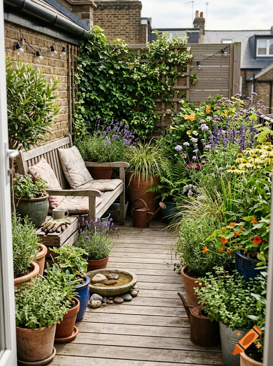 A cozy rooftop terrace with a wooden bench, numerous potted plants, and flowers on a wooden deck.