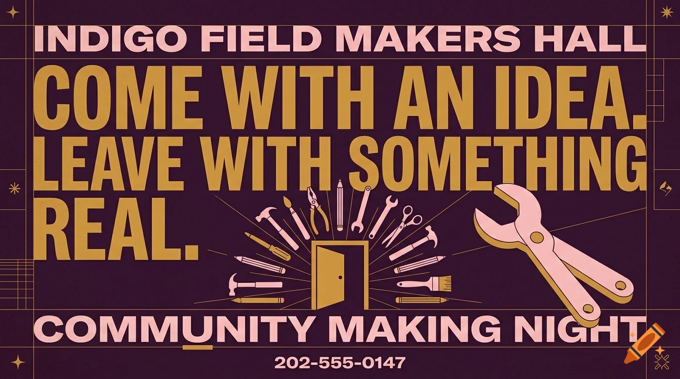 An illustration with text reading 'INDIGO FIELD MAKERS HALL' and various tools surrounding an open door.